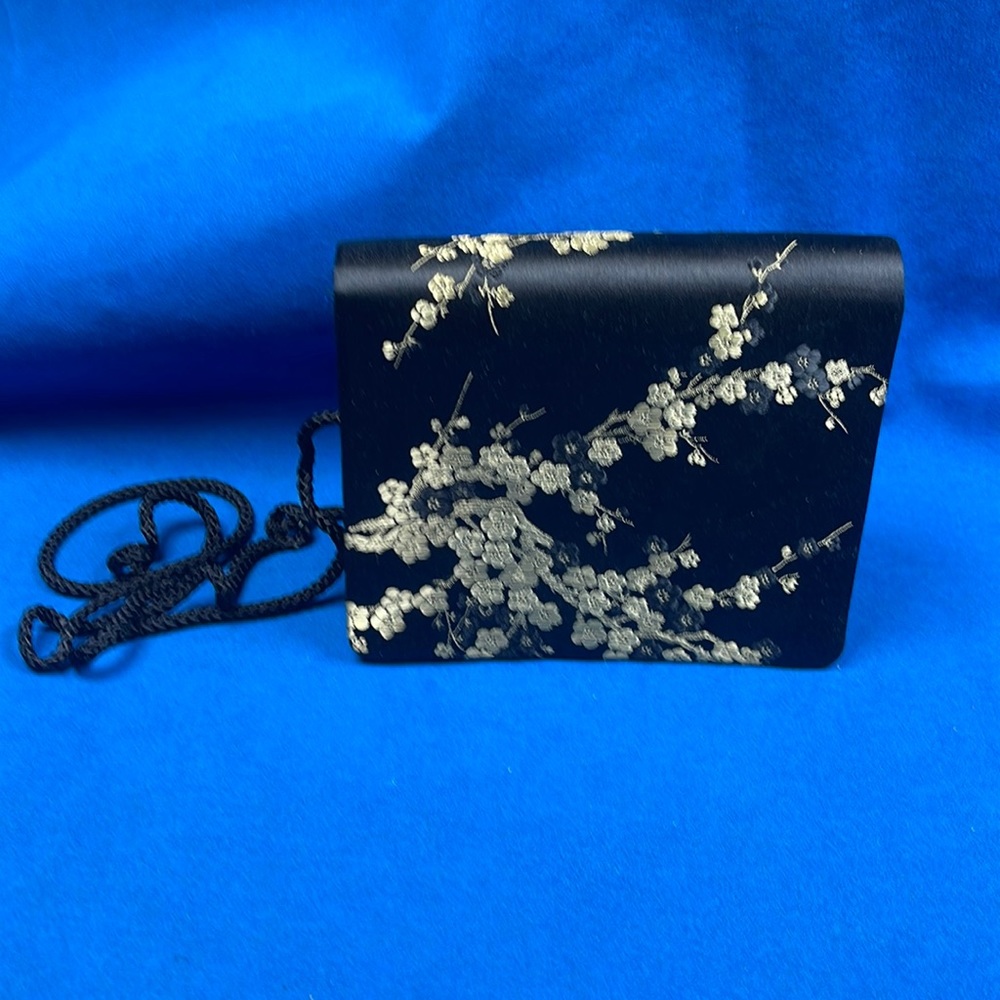 Amanda Smith Crossbody black Silk evening bag with Asian blossom tree print